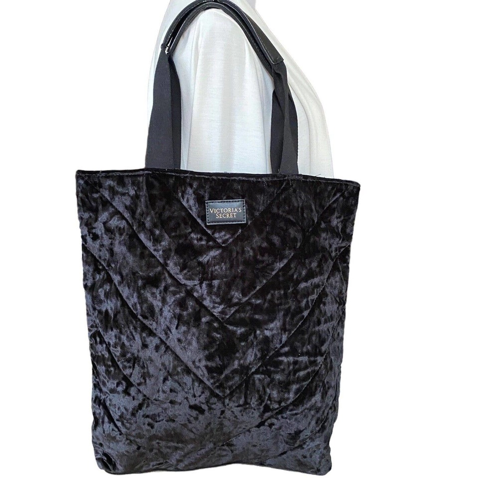 Victoria's Secret Women's Black Velour Textured Open Shoulder Tote Bag